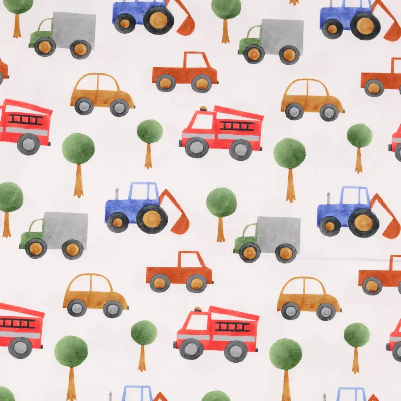 Baumwolljersey Little Darling mit verschiedenen Fahrzeugen - weiß Neue Kollektion