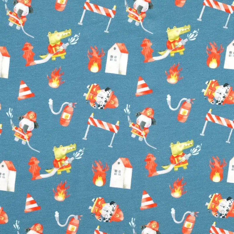 Bestpreis Baumwolljersey Little Darling mit verschiedenen Feuerwehrmotiven - jeansblau