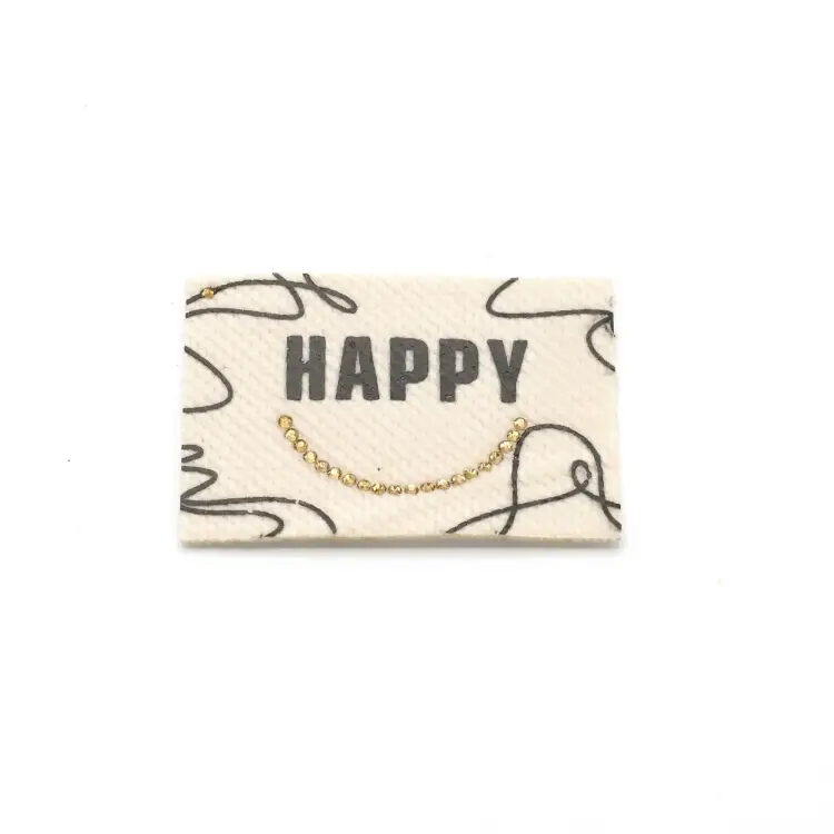 Aufbügelbares Webetikett Happy, ecru Top-Angebot