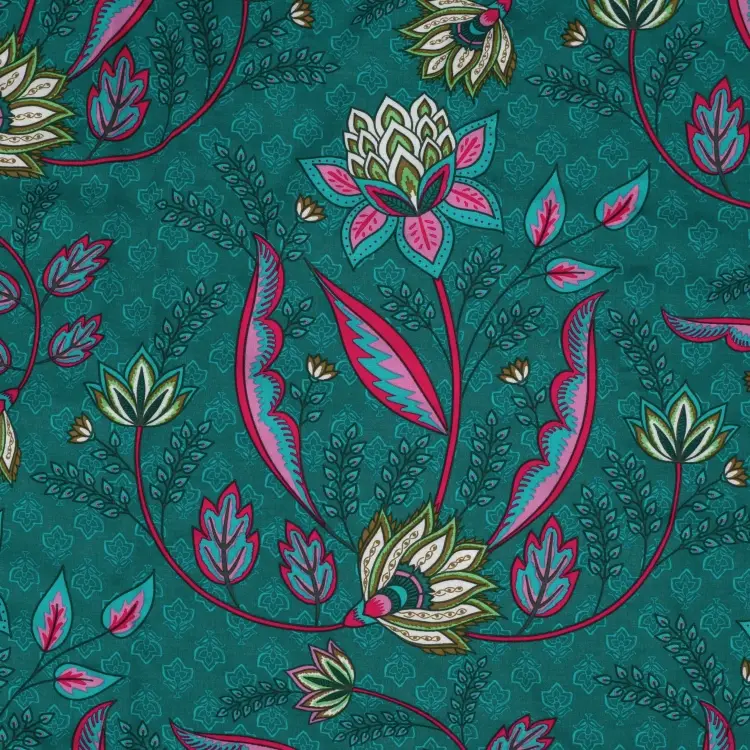 Viskose Voile Enjoy Beach Ethnic Leaves, petrol Abverkauf