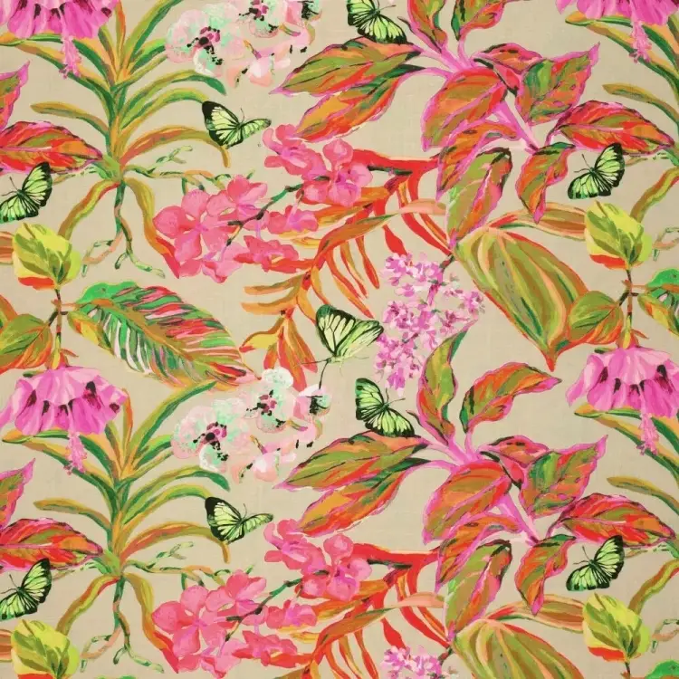Billig Viskose Leinen Butterfly Garden, beige