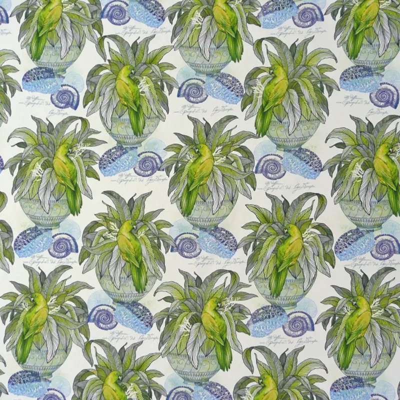 Markenprodukt Dekostoff Pflanze Vogel Muschel weiß blau grün