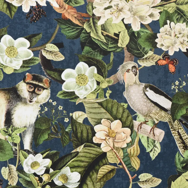 Knallerangebot Dekostoff Halbpanama Digitaldruck Affe Vogel Blumen blau grün