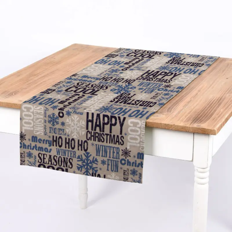 SCHÖNER LEBEN. Tischläufer Christmas Schriftzug natur weiß blau 40x160cm Finale Aktion