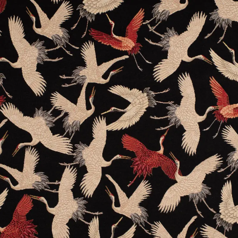 Nur Heute Dekostoff Gobelin Premium Cranebird Paradise Kraniche schwarz beige rot 1,4m Breite