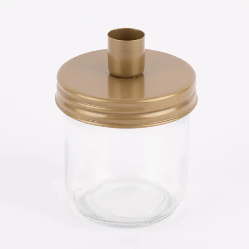 Kerzenhalter für Stabkerzen mit Dekoglas Metall u. Glas goldfarbig schimmernd klein 9x11cm Neu