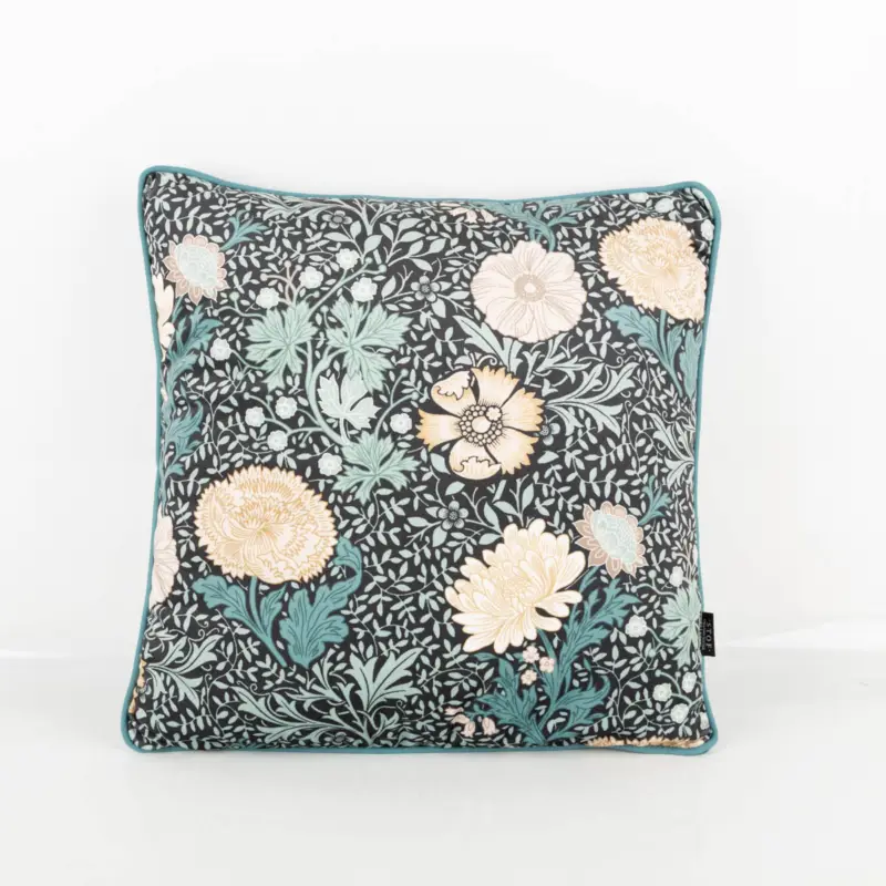 Kissen Madeleine aus Samt mit Kederumrandung Blumen schwarz türkisgrün 45x45cm Preiswert