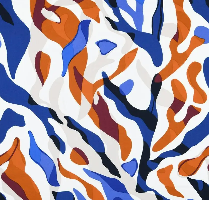 Viskose Stoff für Bekleidung Imany abstrakter Print weiß blau orange 1,50m Breite Abverkauf