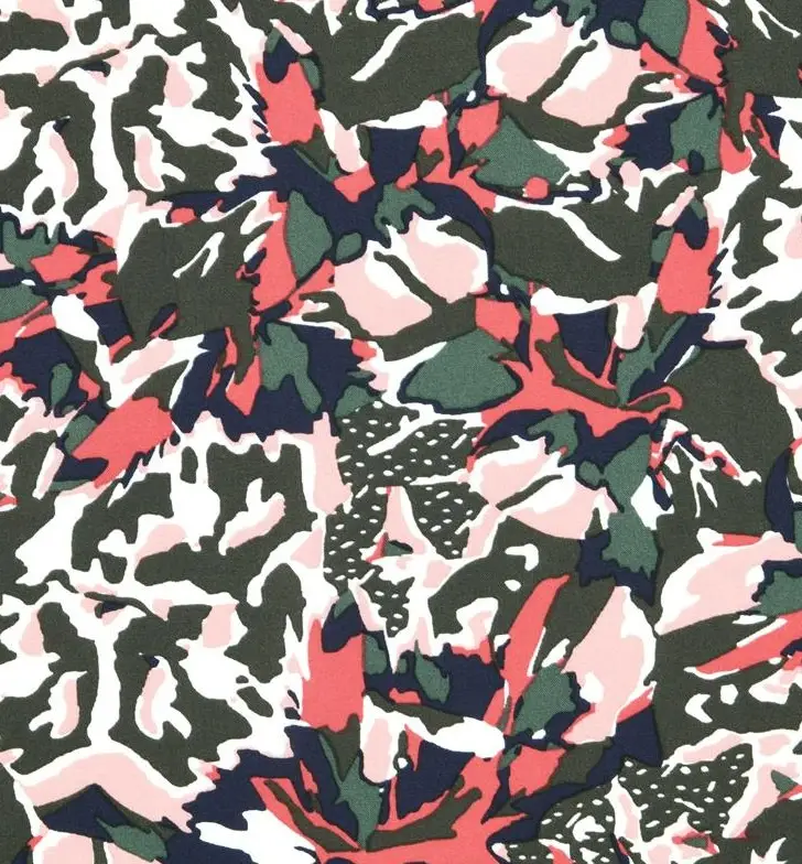 Viskose Stoff für Bekleidung Rox abstrakter Print khakigrün pink rosa 1,50m Breite Sofort Bestellen