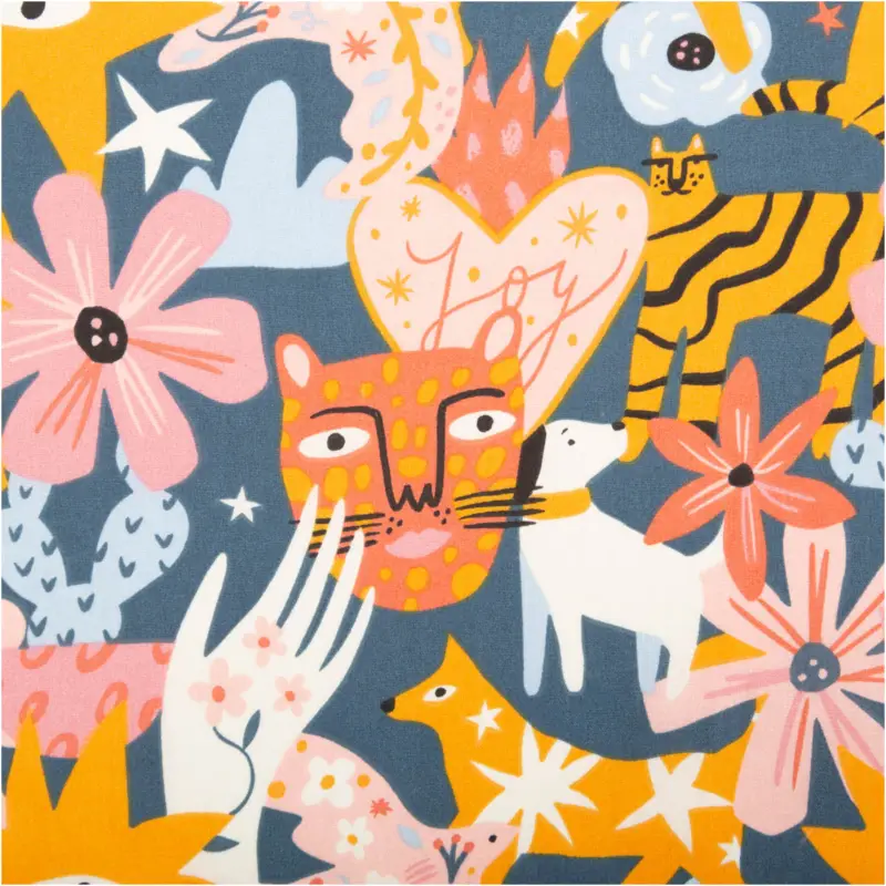 Direktkauf Baumwollstoff Joy Tiger Taube Blume Herz blau rosa gelb 1,47m Breite