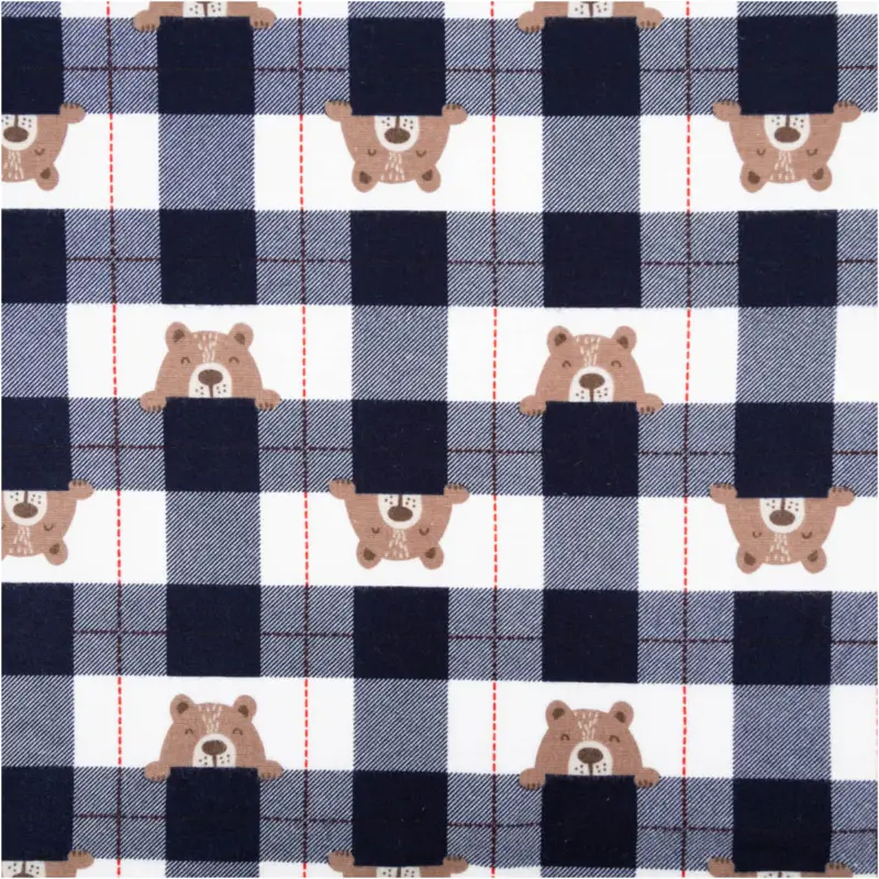 Beliebt Flanellstoff aus Baumwolle Karos mit Bärchen dunkelblau 1,43m Breite