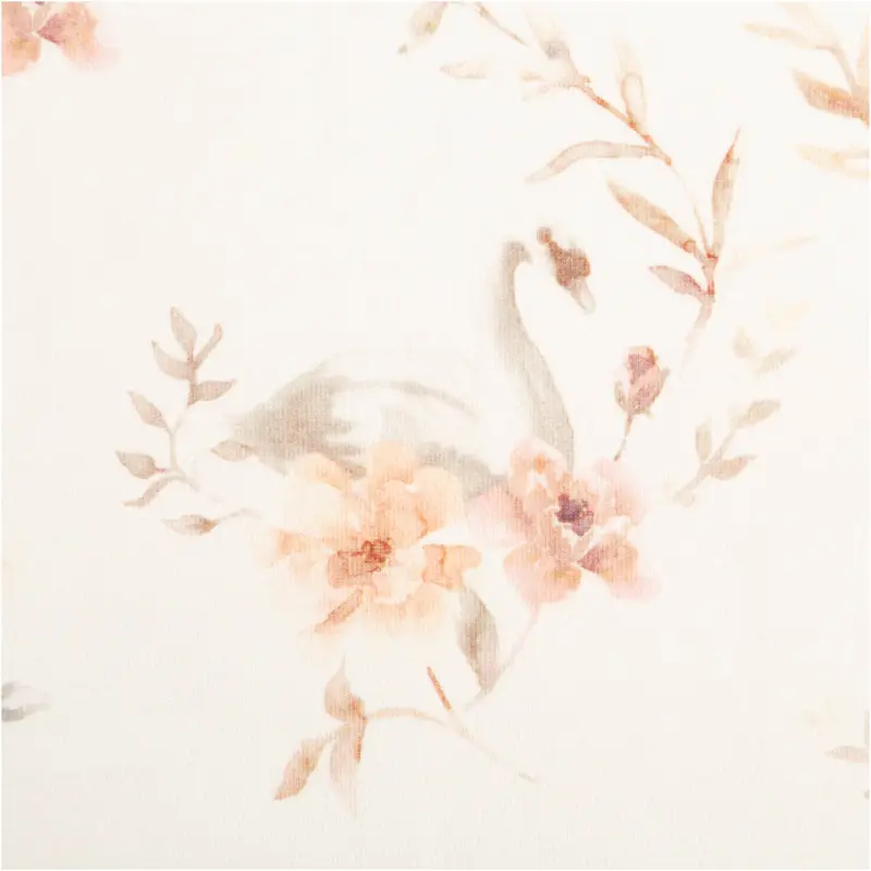 Bio French Terry Baumwollstoff Schwäne Blumen wollweiß rosa 145cm Neue Kollektion