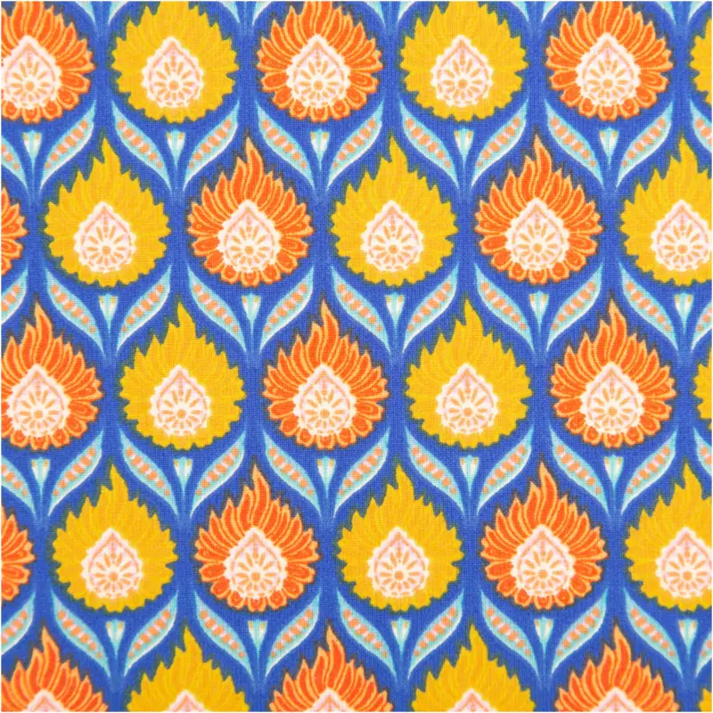 Baumwollstoff Perkal Retro Blumen Luka blau orange gelb 1,5m Breite Meistverkauft