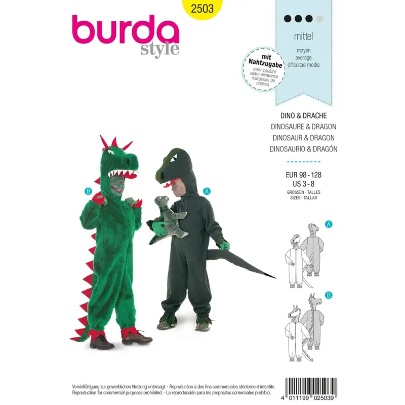 Burda Schnittmuster 2503: Drache + Dino Kinder, Gr. 98-128 Solange Der Vorrat Reicht