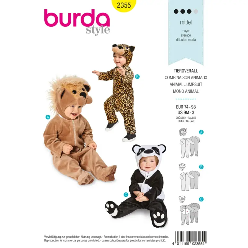 Billig Burda Schnittmuster 2355: Tier-Strampler Baby, Gr. 74-98
