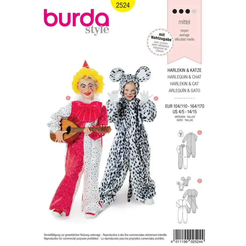 Burda Schnittmuster 2524: Harlekin + Katze Kinder, Gr. 104-170 Jetzt Kaufen