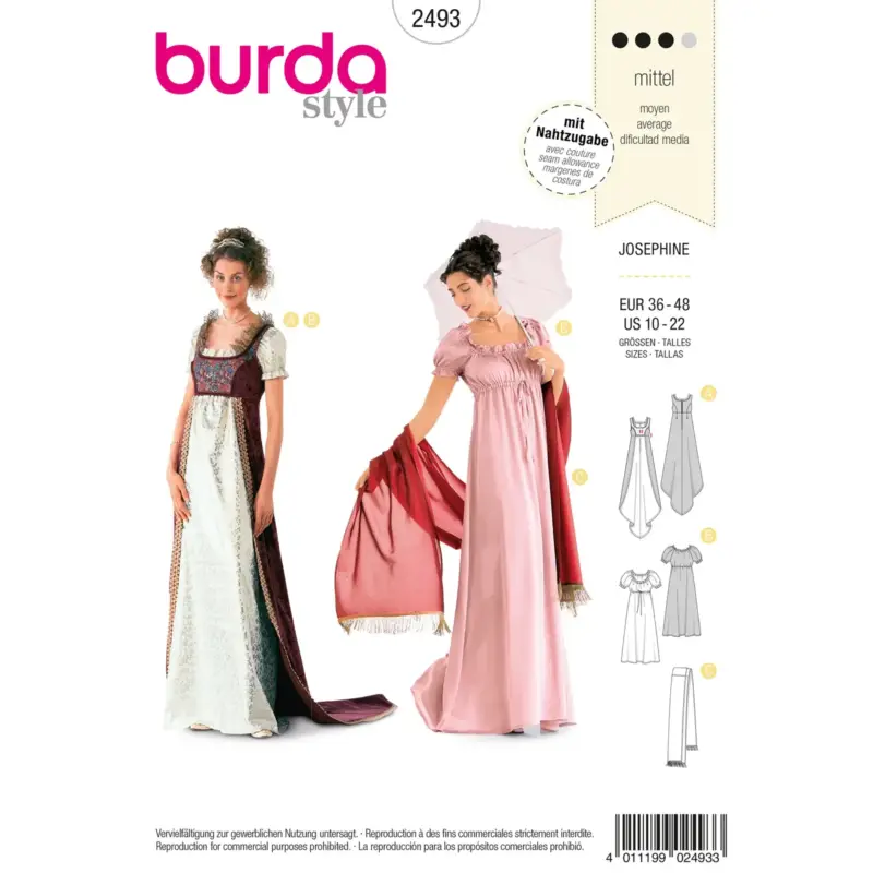 Schneller Versand Burda Schnittmuster 2493: Empire-Kleid Josephine, Gr. 36-48