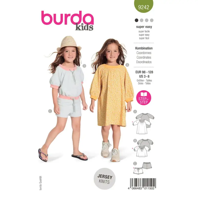 Markenware Burda Schnittmuster 9242: Bluse Kleid und Shorts, Gr. 98-128