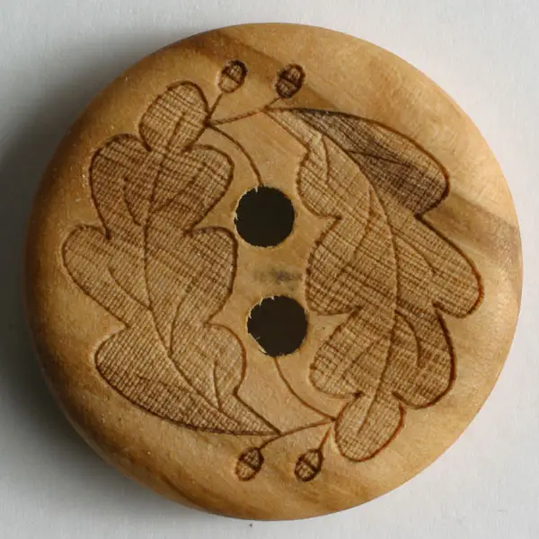 Expressversand Holzknopf mit Lasermotiv Eichenblätter, 2-Loch - Größe: 23mm