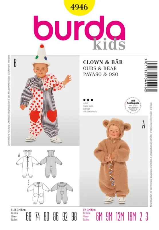 Schnittmuster "Burda" Kostüm Fasching Karneval Bär & Clown 4946 Bestseller