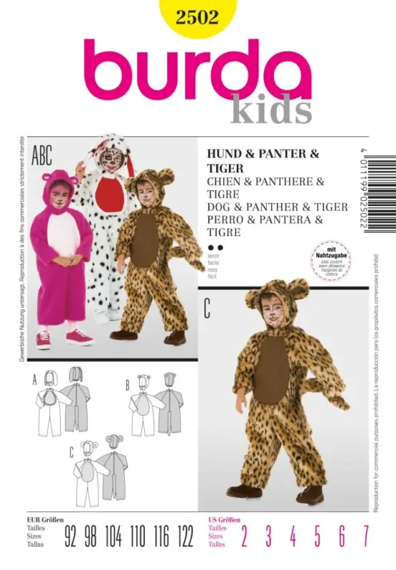 Markenware Schnittmuster "Burda" Kostüm Fasching Karneval Hund, Panther & Katze