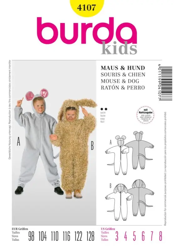 Schnittmuster "Burda" Kostüm Fasching Karneval Overall Maus & Hund 4107 Neue Kollektion