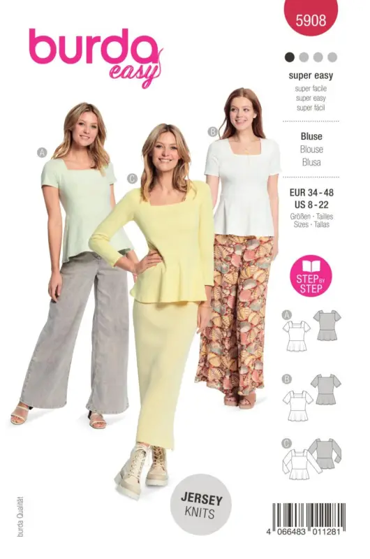 Schnittmuster "Burda" Blusen mit eckigem Ausschnitt 5908 Rabatt