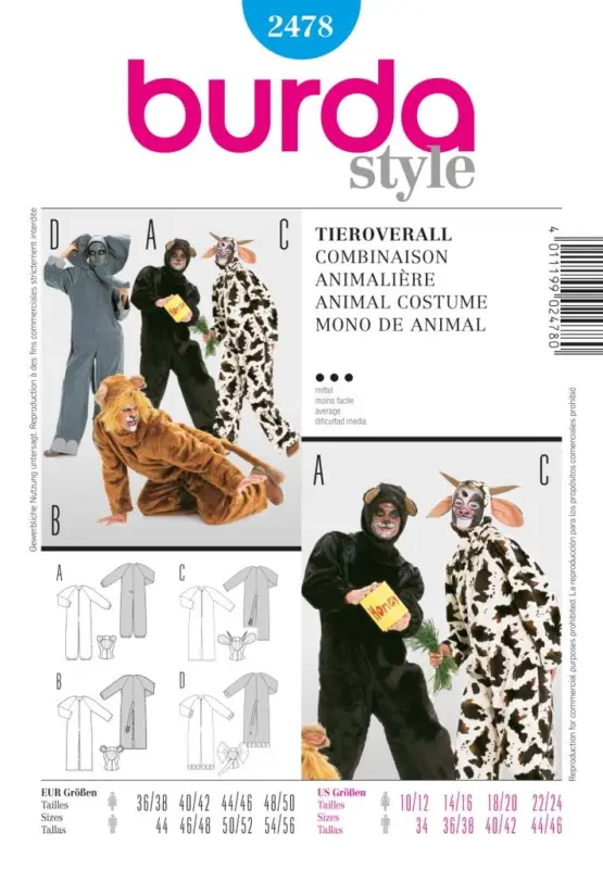 Schnittmuster Burda 2478 Kostüm Fasching Karneval Tieroverall Begrenztes Angebot