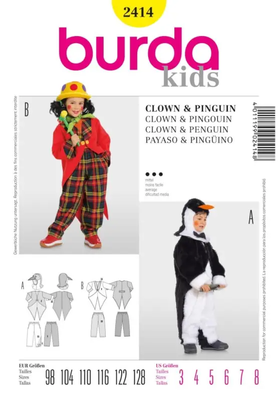 Meistverkauft Schnittmuster Burda 2414 Kostüm Fasching Karneval Clown & Pinguin