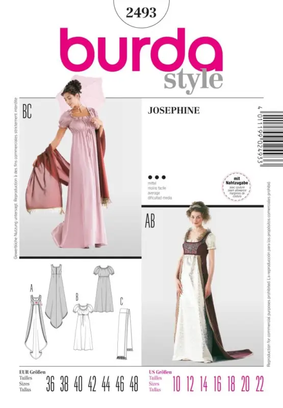 Schnittmuster Burda 2493 Kostüm Fasching Karneval Empire-Kleid Josephine Sonderangebot