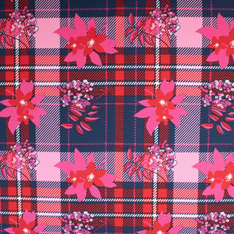 Baumwolljersey Blüten auf Karo pink Preiswert
