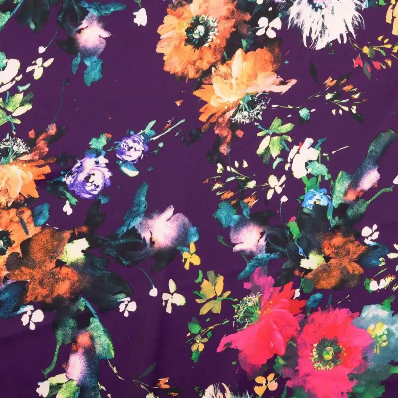 Preiswert Satin Stoff Digitaldruck Aquarell Blumenmix lila