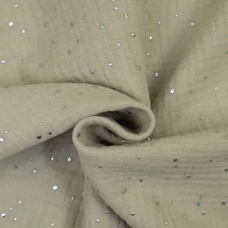 Billig Baumwollstoff Double Gauze Musselin silberne Tupfen beige