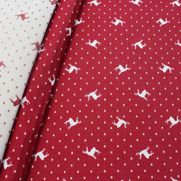 Top-Seller Jacquard Dekostoff Doubleface "Hirsche & Punkte" Farbe Rot-Beige