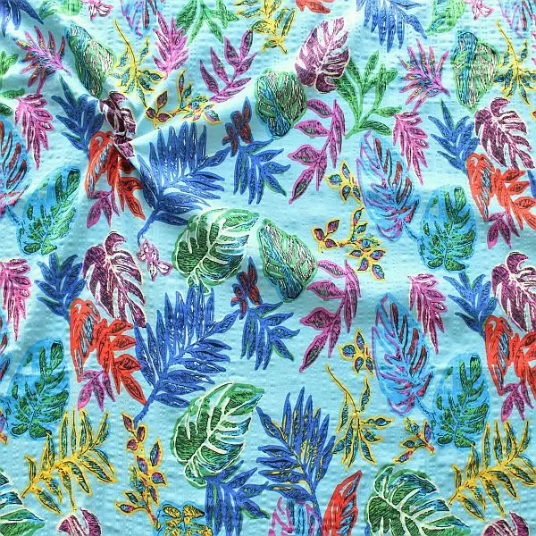 Saisonangebot Baumwolle Viskose Modestoff "Bunter Blätter Mix" Farbe Hell-Blau