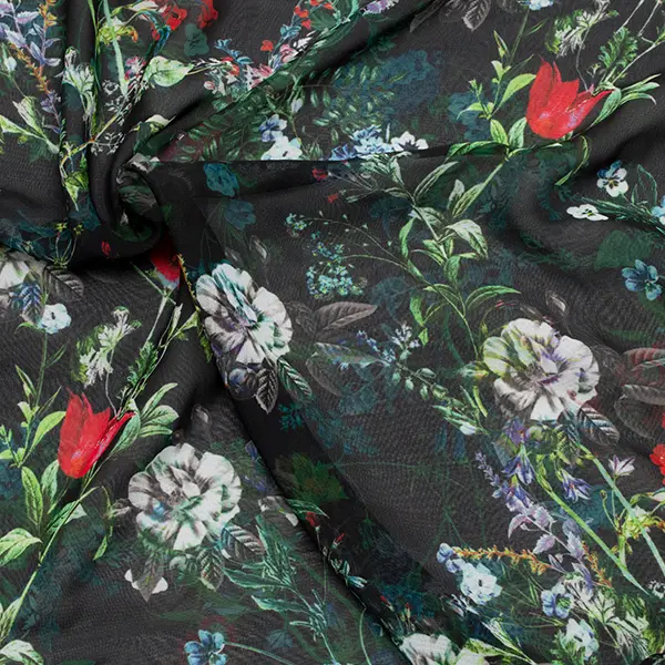 Polyester Chiffon "Blumenvielfalt 2" Farbe Schwarz Saisonangebot