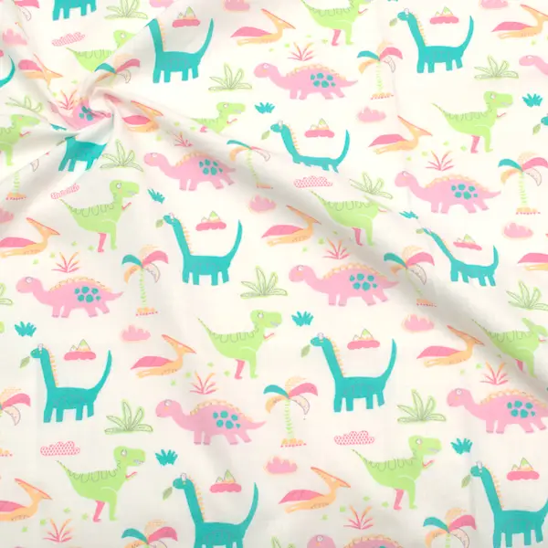 100% Baumwollstoff "Pastell Dinos" Farbe Weiss Billig