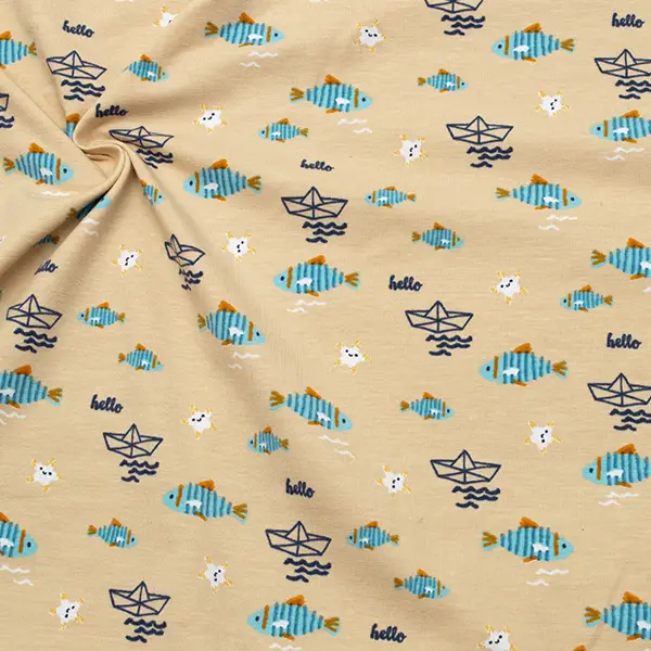 Sonderaktion Baumwoll Stretch Jersey "Hello Sea" Farbe Beige