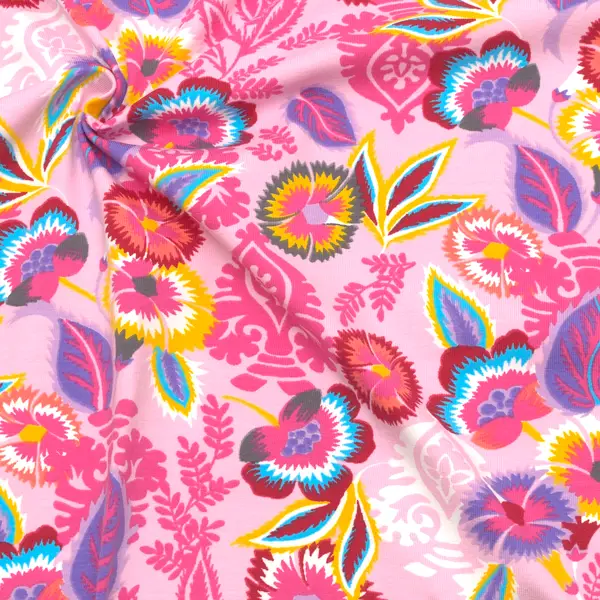 Wochenendangebot Baumwoll Stretch Jersey "Dschungel Blüten" Farbe Rosa