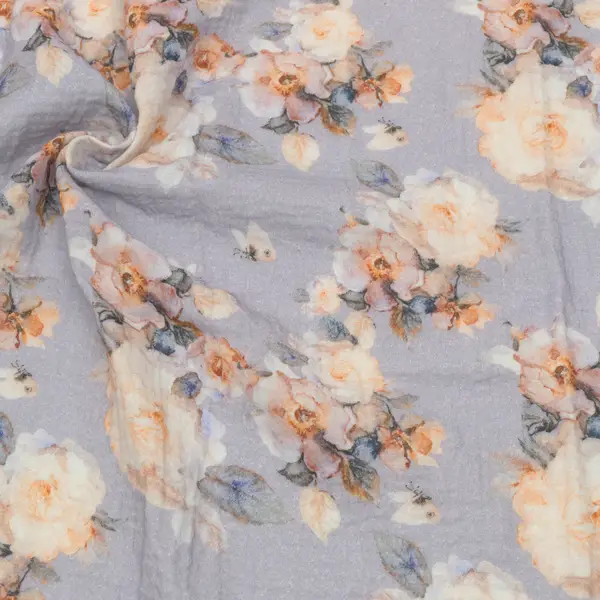 100% Baumwolle Musselin Double Gauze "Blumenbukett 4" Farbe Hell-Lila Neu Im Sortiment