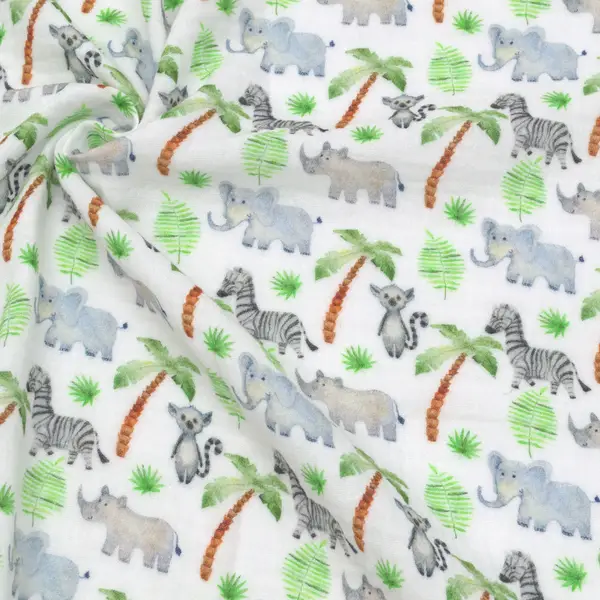 Neuheit 100% Baumwolle Musselin Double Gauze "Tiere & Palmen" Farbe Weiss