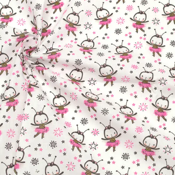 100% Baumwollstoff "Ballerina-Biene" Farbe Weiss-Rosa Highlight