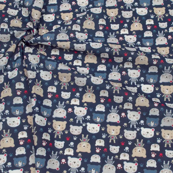 Versand Am Gleichen Tag 100% Baumwollstoff "Teddys & Pfoten" Farbe Dunkel-Blau