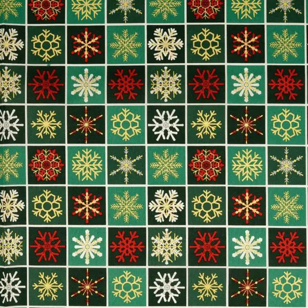 100% Baumwolle Popeline "Schneekristalle im Quadrat" Farbe Grün Preisreduziert