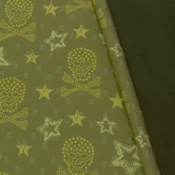 Softshell Fleece Stoff "Skulls & Stars" Farbe Oliv-Grün Solange Der Vorrat Reicht