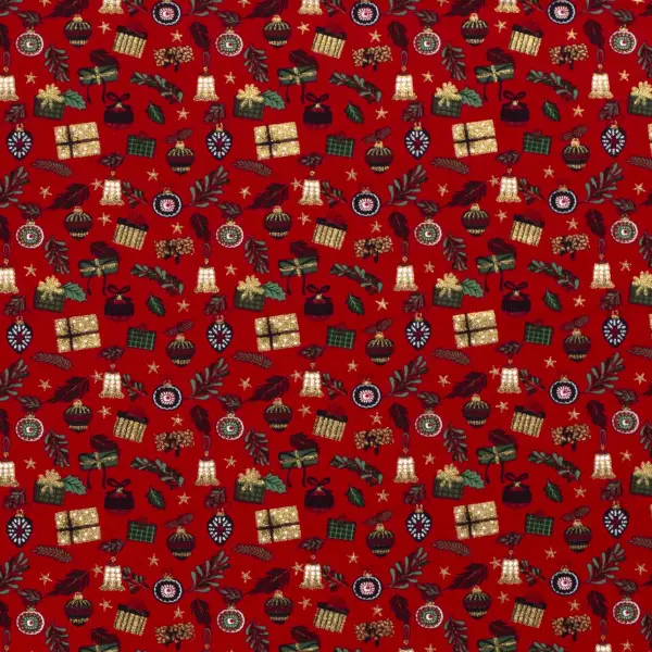 100% Baumwolle Popeline "Weihnachtskugeln & Geschenke" Farbe Rot Aktuell