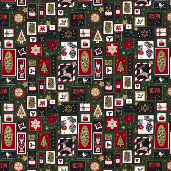 100% Baumwolle Popeline "Weihnachtsgalerie" Farbe Dunkel-Grün Sofort Bestellen