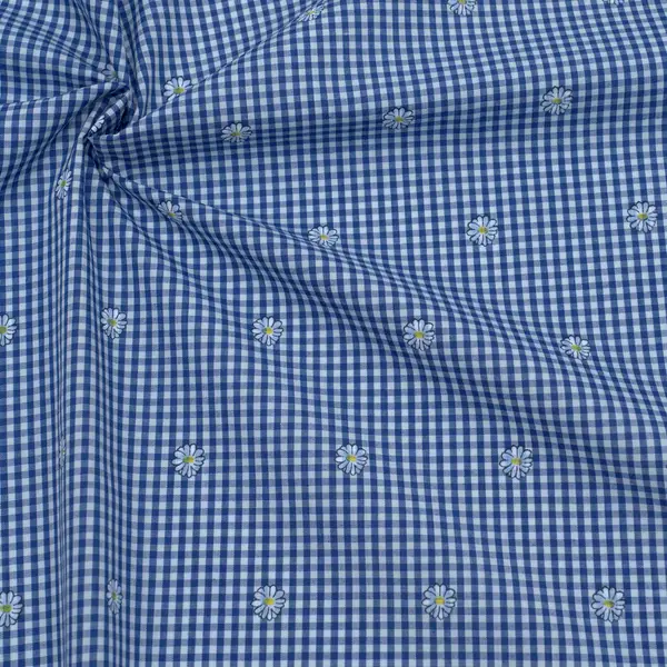 100% Baumwolle Popeline "Karos & Gänseblümchen" Farbe Blau-Weiss Begrenztes Angebot