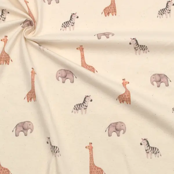 Preiswert Bio Baumwoll Stretch Jersey "Giraffe, Elefant & Zebra" Farbe Natur