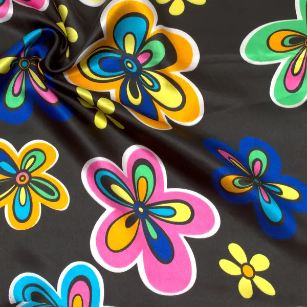 Preiswert Satin Stoff "Hippie Flowers" Farbe Schwarz